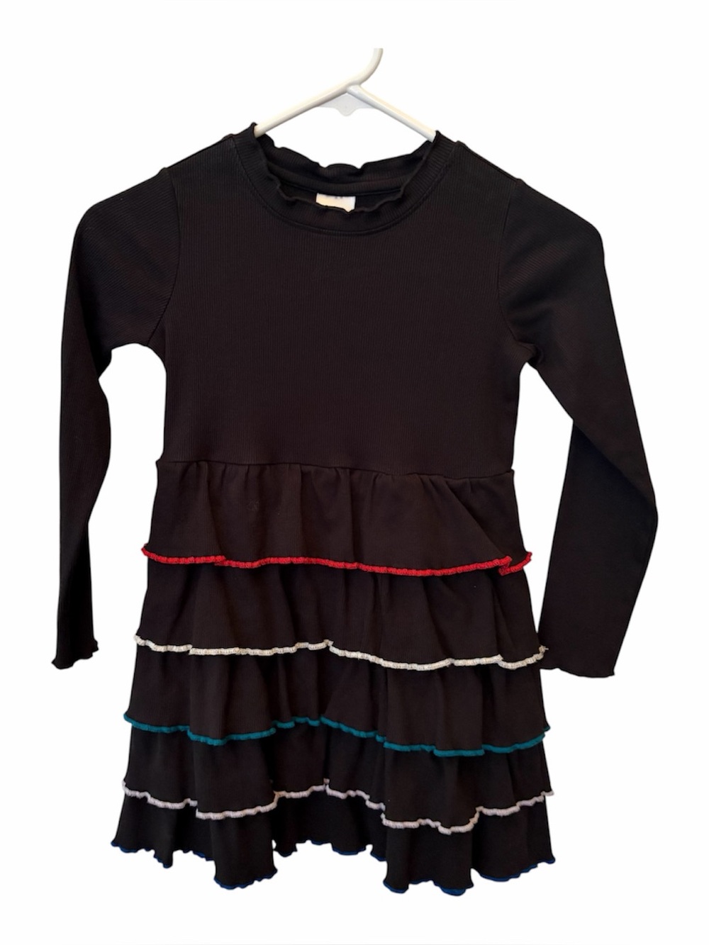 Hanna Andersson Black Long-Sleeve Ruffle Dress with Red, White & Teal Trim